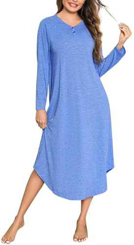 Bresdk Camisones Mujer Algodón Manga Larga Camisón Largo de Mujer Invierno Cuello en V con Botones Ropa de Dormir Confortable y Suave Azul XXL