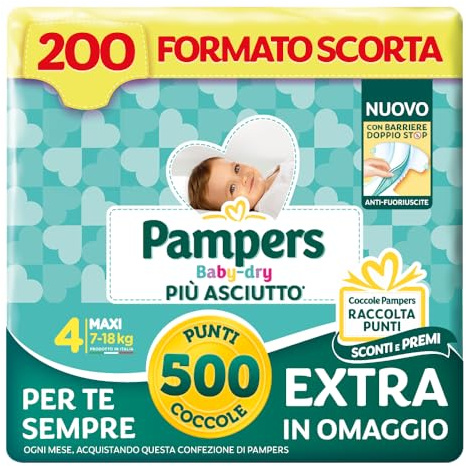 Pampers Baby Dry Maxi, Taglia 4 (7-18 kg), Formato Scorta, Barriere Anti-Fuoriuscite, Più Asciutto Fino a 12h, Linguette Rinforzate e Avvolgenti, 200 Pannolini Bambino + 500 Punti Omaggio
