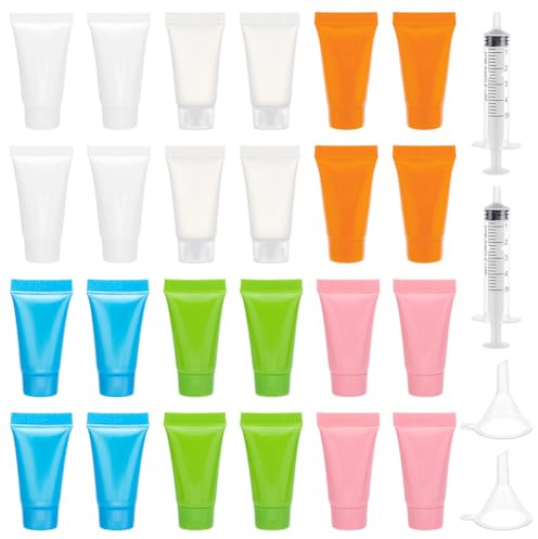 BENECREAT 24 Pcs 5ml Squeeze Tubes, 6 Color Plastic Empty Lotion Tubes, with 2 Pcs Funnels and 2 Pcs Needleless Syringes, Makeup Sample Bottles for Body Lotion Facial Cleanser Dispensing