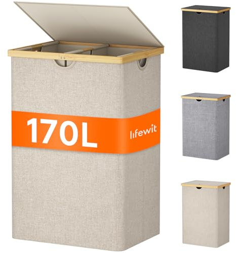 Lifewit 170 L Cesto Portabiancheria in Bambù, Grande Portabiancheria Sporca con Coperchio, Cesta Biancheria Pieghevole con Sacchi Rimovibili per Camera, Bagno, Lavanderia, Beige
