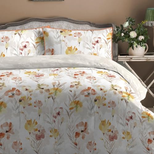 Appletree - Gold Ochre Floral Duvet Cover - Super King Bedding Size (260 x 220cm) - 100% Natural Cotton - Reversible Designs - 2 Pillowcases - Piped Edge - Natural Bedding with Flowers