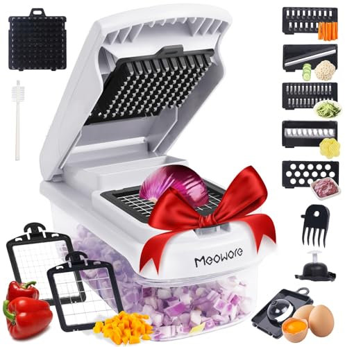 Meoware 7-in-1 Vegetable Chopper Pro - Mandoline Vegetable Slicer with 7 Stainless Steel Blades - Compact Food Processor - Onion Chopper & Cheese Slicer - Kitchen Accessories Essentials (White)​​