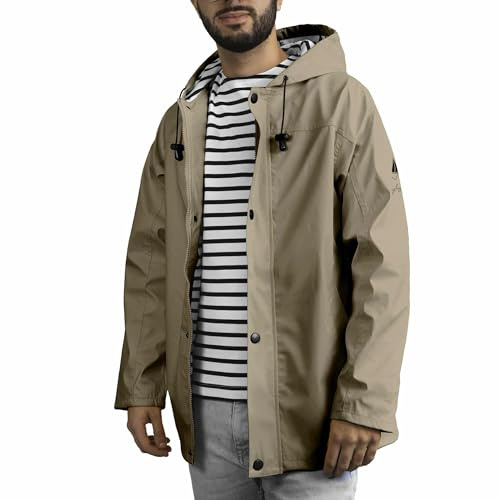 Breizh Ocean - Ciré Imperméable, du XS au 4XL, Création Française ARMOR - Intérieur Marinière Rayé - Mixte - Coupe Vent Homme ou Femme - Veste Imperméable - Manteau Homme