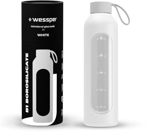 Wessper glasflaska med silikonhölje, borosilikatglasflaska med tidsangivelse 1 liter, sportflaska Perfekt för träning, skola, sport, barn, BPA-fri drickmotivation – Vit