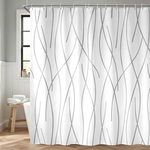 NDDYCU Grey and White Striped Shower Curtain Waterproof Bathroom 180x180 cm | Water Repellent Coating, 150GMS Weighted Polyester, Weighted Hem, Modern Grey Stripe, 12 Hanging Hooks