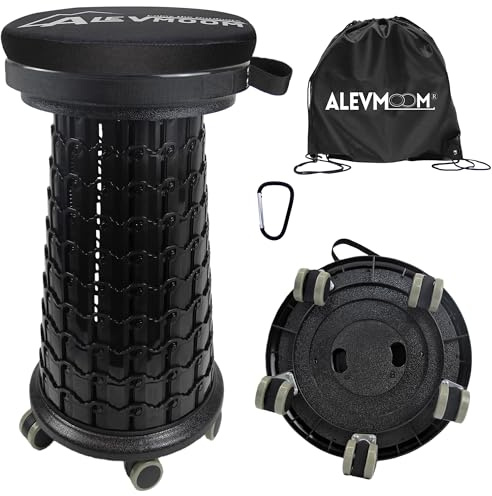 ALEVMOOM Tabouret télescopique portable XXL avec coussin et roues, tabouret pliable rétractable pour extérieur, camping, jardin, hauteur 57 cm, profondeur 33 cm, capacité de charge 450 kg