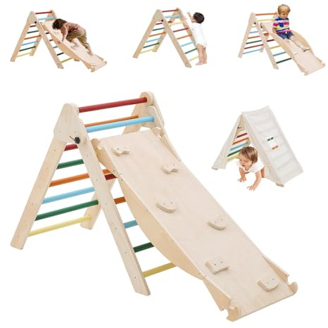 Montessori - Triangolo da arrampicata per interni a partire da 1 anno, struttura in legno 3 in 1 Montessori, con scivolo, arrampicata e tetto per tenda, pieghevole e stabile giocattolo da arrampicata