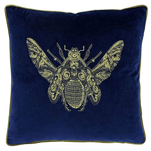 Riva Paoletti Cerana Cushion Cover Royal Blue Super Soft Velvet Fabric Embroidered Bee Design Gold Piped Edges 100% Polyester 50 x 50cm (20 x 20 inches)
