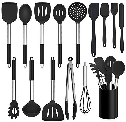 Kitchen Utensil Set, Homikit 15 Piece Silicone Cooking Utensils Spatulas Set with Holder, Heat Resistant Kitchen Tools Turners Spatulas Spoons for Non Stick Cookware, Stainless Steel Handle (Black)