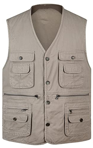 Oralidera Gilet Sans Manche Multipoches Homme Gilet Voyage Sport Boutons Gilet de Pêche Photographie Veste pour Camping Pêche Chasse, Beige, XXL