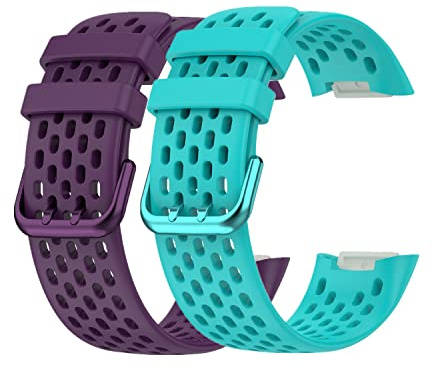 Huwokxix Armband Kompatibel mit Fitbit Charge 5/6,Atmungsaktives Silikon-Ersatz-Sportzubehör-Armband mit Luftlöchern für Fitbit Charge 5/6 (Lila + Blaugrün)