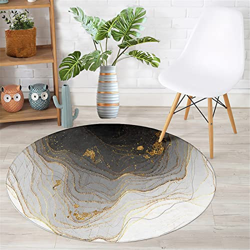 Chickwin Teppich Rund rutschfest, Marmor Drucken Teppiche für Wohnzimmer Moderne Groß Flanell Flauschig Weich Fußmatte für Schlafzimmer Kinderzimmer Küche (Schwarz & Gold,Durchmesser 120cm)