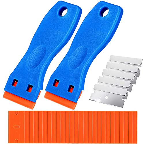 GUUZI Grattoirs à Lame de Rasoir en Plastique Bleu à Double Tranchant avec Poignée Profilée pour Gratter les Etiquettes d'outils en Vinyle pour Verre (25pcs Lames en Plastique+5pcs Lames en Métal)