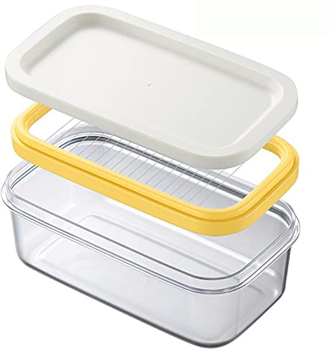 Contenitore per burro in plastica, con coperchio e taglierino, per tagliare facilmente la casa e la cucina, 16,5 x 9 cm (bianco)