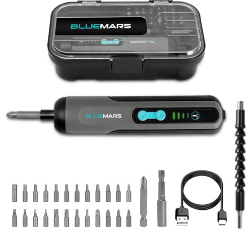 BlueMars Electric Rechargeable Screwdriver Set 3.6V 2AH Cordless Mini Small Battery Power Screwdriver with 27-Piece Bit, Dual Led Working Light,Storage Box, Type C Cable,Adjustable Torque (Max 5N.M)