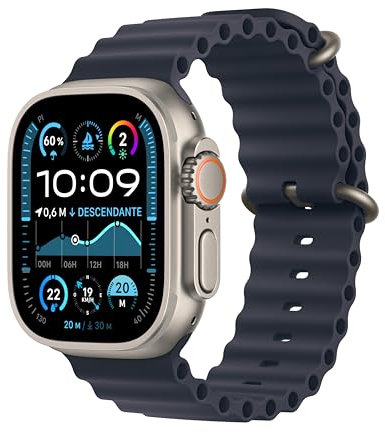 Apple Watch Ultra 2 (49 mm GPS + Cellular) Montre de Sport connectée avec Boîtier en Titane Naturel et Bracelet Océan Marine. Suivi de l’activité, GPS Haute précision, autonomie Extra-Longue