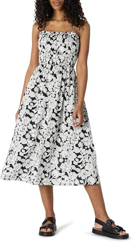 Amazon Essentials Abito con Corpetto Ricamato a Punto Smock in Raso di Cotone, vestibilità Classica Donna, Nero Avorio Folk Floral, M
