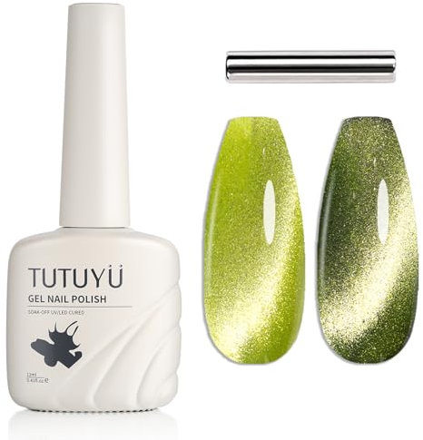 TUTUYU Lime Green Cat Eye Gel Smalto 12 ml Crystal Glitter Olografico Cateye Magnetic Polish per Manicure Salon o Nail Art Starter Giallo Verde Estate Autunno Colore
