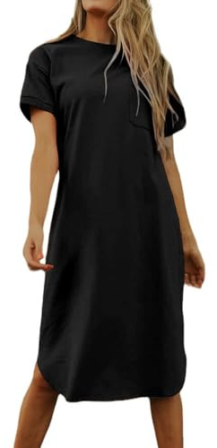 Imily Bela Robe pour Femme - T-Shirt d'été en Coton à Manches Courtes et Col Rond - Minirobe de Loisirs avec Poches., Noir, M