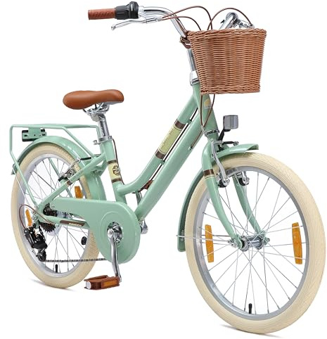 BIKESTAR Vélo pour Enfants en Aluminium à partir de 6-7 Ans | Vélo rétro de Ville 20 Pouces, 7 Vitesses, Panier, Frein en V, vélo hollandais | Menthe