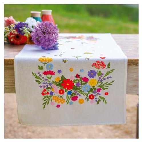 VERVACO Kit Centrotavola Ricamo Prestampato MONDO FLOREALE Set Ricamo Biancheria Da Tavola ca. 35 x 95 cm Set Fai Da Te Creativo Size Kit Hobby Creativi Adulti Casa Decor Embroidery Embroidery Runner
