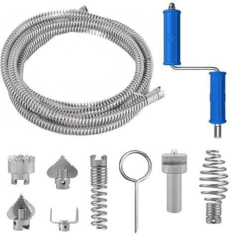Drain Snake 3m Pipe Cleaner Tool, 12mm Spiral Drain Unblocker with 6 Cutting Heads & Adapter for Sink, Bathroom and Kitchen