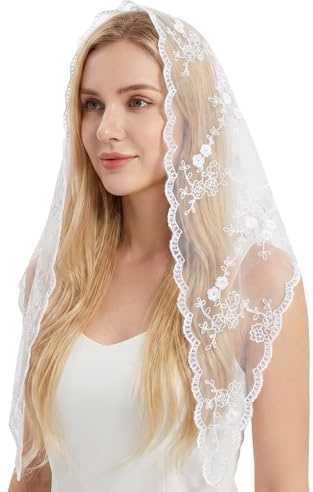 Tyqour White Veil Triangle Catholic Veil Elegant Lace Church Veils for Women, Floral Lace Head Scarf for Wedding, Church, Daily Use Mantilla