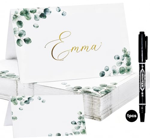 60 PCS Wedding Place Cards with Marker Pen, Eucalyptus Table Name Cards | Pre-Scored, Self-Standing, Smooth Writing, Reception Seating, Birthday, Wedding, Dinner Party, Banquet