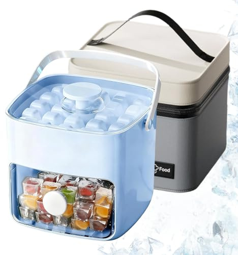 Macchina per Ghiaccio 48 Cubetti con Coperchio a Pressione Facile Vaschetta Portatile a Doppio Strato con Contenitore e Pinza Stampo in Silicone a Rilascio Rapido per (Blue + Insulated Bag)