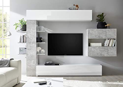 Web Convenienza Parete TV Attrezzata Collezione Sorano 2 B - Mobile Televisore in Legno con Ante a Ribalta Moderno - Color Bianco e Cemento