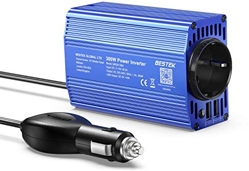 BESTEK 300W Inverter da Auto 12V 220V con 2 Porte USB 4.8 A, Invertitore di Potenza per Carica Phone Pad Tablet Kindle (Onda Sinusoidale Modificata con Multi Protezioni, Accendisigari)