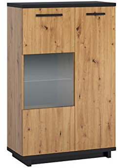 Vitrine INES WIT90 in Holz-Optik Vitrinenschrank, Glasvitrine, Hochschrank, Highboard, Wohnzimmerschrank (Eiche Artisan + Schwarz/Eiche Artisan, mit weißer LED Beleuchtung)