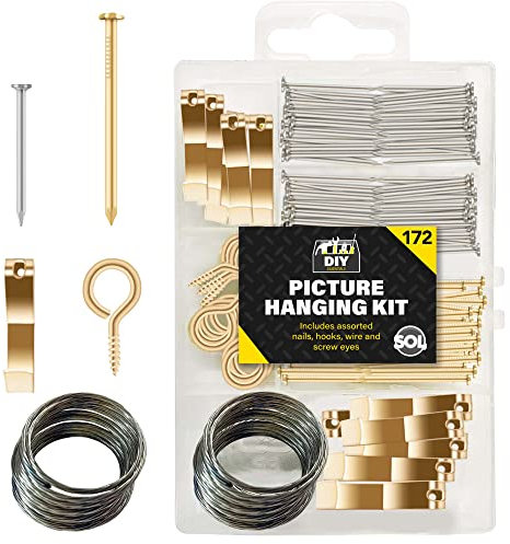SOL 172pk Picture Hanging Kit - Includes Small Iron Nails, Large Copper Nails, Copper Rings, Hooks & Hanging Wire - Wall Hooks for Hanging Pictures, Frames, and Decor