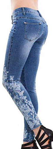 PAODIKUAI Jean pour femme Patchwork taille moyenne avec broderie florale - bleu - Taille S