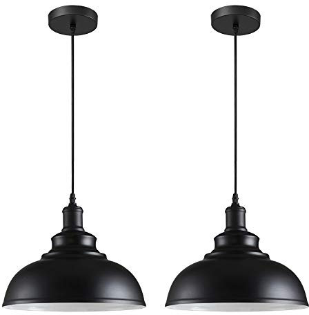 iDEGU Juego de 2 Lámparas de Techo Industriales, Lámpara Colgante Estilo Vintage Pantalla de 29CM en Metal E27 Iluminación Retro para Cocina Comedor Salón Restaurante (Negro, Interior Blanco)