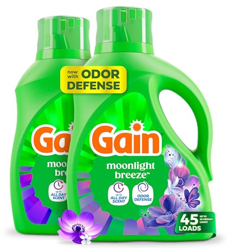 Gain Liquid Laundry Detergent with Odor Defense, Moonlight Breeze Scent, Liquid Detergent And Laundry Soap For HE Washing Machines, 60 fl oz, Pack of 2 (Packaging May Vary)