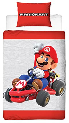 Character World Nintendo Mario Kart Official Single Duvet Cover Set |Reversible 2 Sided Bedding Including Matching Pillow Case Brands Kids Single Bed Set | Red and Grey Close Up Range