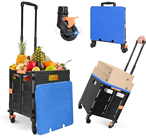 Foldable Utility Cart Folding Portable Rolling Crate Handcart Handcart Shopping Trolley Wheel Box with Lid,360°Rotate Wheels,Heavy Duty Durable Dolly Cart for Teacher Tourist Shopping Office Outdoor