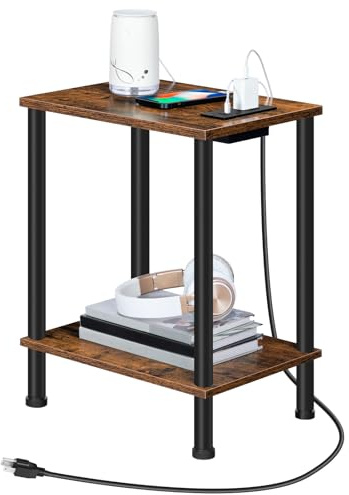 HOOBRO Side Table with Charging Station, Small End Table with USB Port and Outlet, Nightstand with 2-Layer Storage Shelves for Small Spaces, Living Room, Bedroom, Stable Frame, Rustic Brown BF09UBZ01