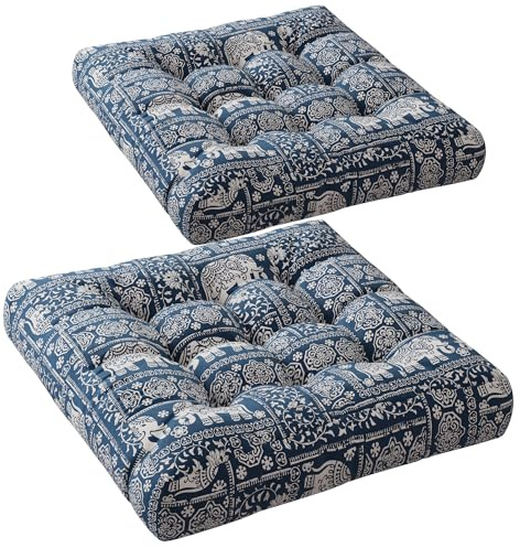 Codi Meditation Floor Pillow Set of 2, Large Pillows Seating for Adults and Kids, Bohemian Cushion for Fireplace Yoga Living Room Sitting, Memory Foam Added, 22x22 Inch Indigo Elephant