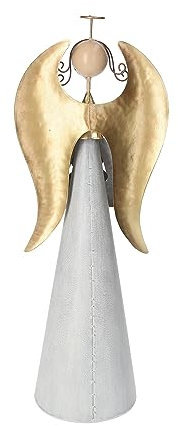 Keyhomestore- Statuina di Angelo color Argento, realizzata in Latta, Altezza cm 41, ali dorate, Decorazione natalizia raffinata per soggiorno, caminetto e tavola delle feste.