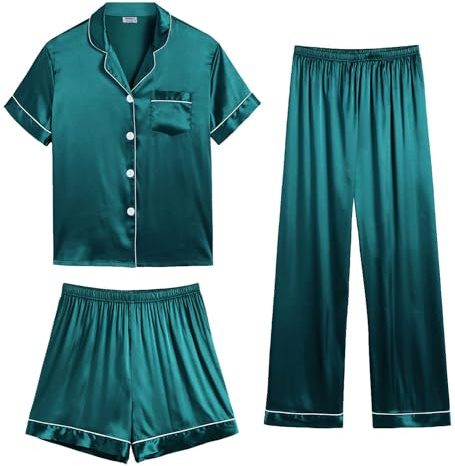 SWOMOG Womens Satin Pyjama Sets Ladies Silk Nightwear 3 Piece Short Sleeve Pj Button Down Sleepwear Set M Green