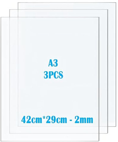 Taiyeestar 3 Pack 42 x 29.7cm Plastic Sheet, A3 Clear Acrylic Perspex Sheets for Househld Decoration, Display, Picture Frame, Painting - 2mm Thick