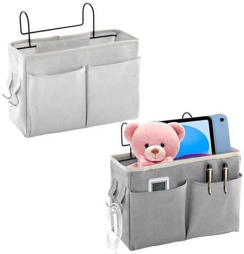 Skibetfo 2 Pack Bedside Hanging Storage Organiser - Large Capacity Bedside Pocket Tidy for Dormitory, School Bunk Bed (Grey+White)
