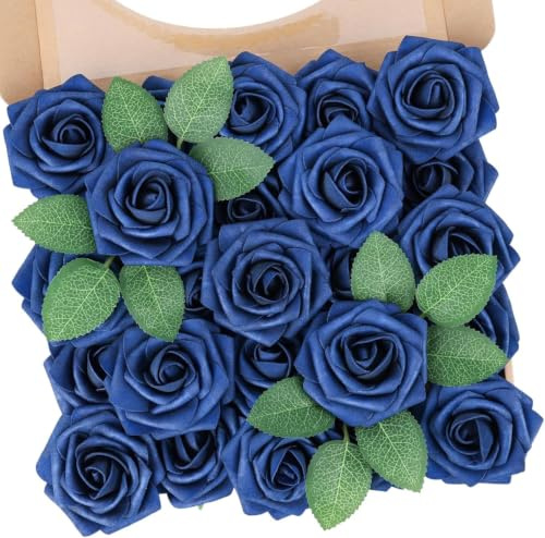 N&T NIETING Artificial Flowers Roses 25Pcs Real Touch Foam Roses with Stems | Navy Blue Fake Flowers for DIY Wedding Bridesmaid Bridal Bouquets Baby Shower Centerpieces Party Home Decoration