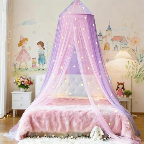 Eimilaly Two-tone Bed Canopy Glow in the Dark Pink Purple, Mosquito Net Bed Canopy for Girls Room Decor, Single Door