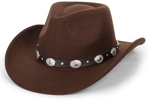 Cappello da Cowboy per Donna e Uomo, in Feltro, Classico, Tesa Arrotolabile, Fibbia della Cintura, Fedora da Cowgirl, caffè, M