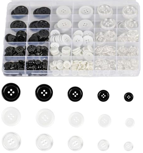 300 Stück Knöpfe zum Annähen - Harz, Schwarz, Weiß, Transparent, 4 Loch, Rund - Bastelknöpfe für DIY Dekoration, Kleider, Strickjacken, Hemd