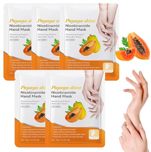 Mascarilla para Manos, 5 Pares Guantes de Manos Hidratantes, Hand Mask, Máscara Para Pelar A Mano Con Niacinamida, para Manos Secas y Agrietadas, Blanqueador y Antienvejecimiento (Papaya)