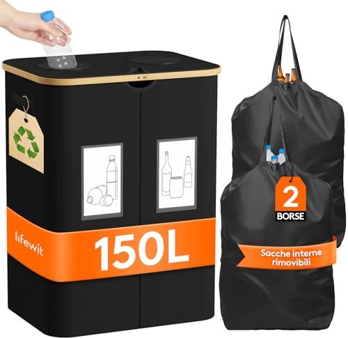 Lifewit 150L Pfandflaschen Sammelbehälter, Flaschen Organizer mit Deckel, Flaschensammler Leergut 2 Fächer, Pfandflaschen Aufbewahrung, Pfandflaschen Behälter für Kunststoff, Glasflaschen, Schwarz